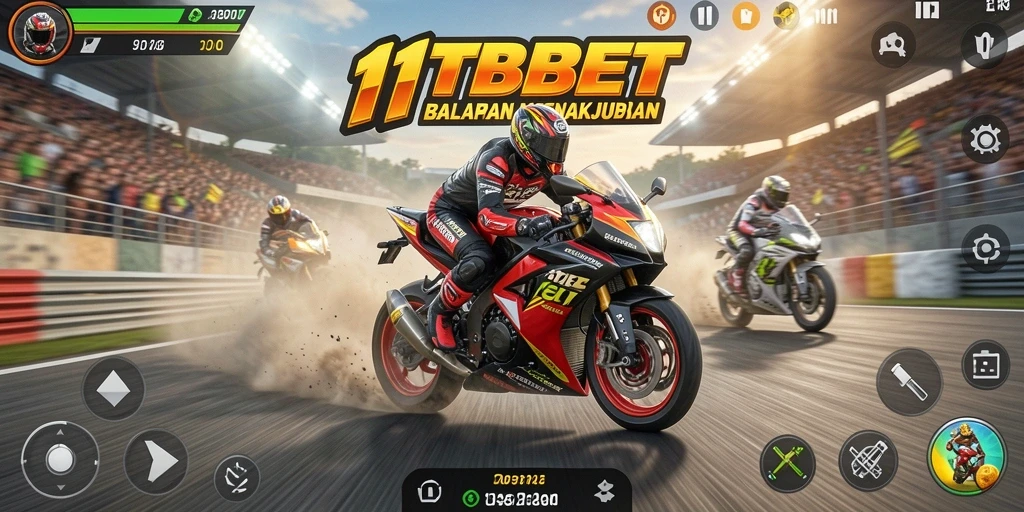 Tangkapan layar gameplay <strong>11TBET</strong> menunjukkan aksi balapan motor yang mendebarkan.