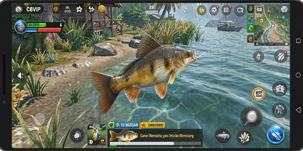 Tampilan gameplay C8VIP yang menampilkan momen menangkap ikan.