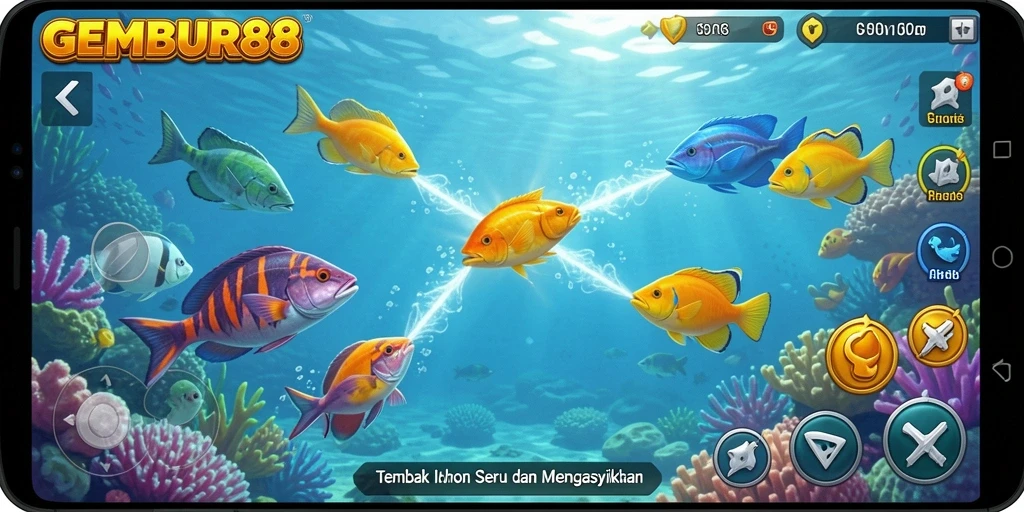 Tampilan gameplay GEMBUR88 dengan aksi menembak ikan yang seru.