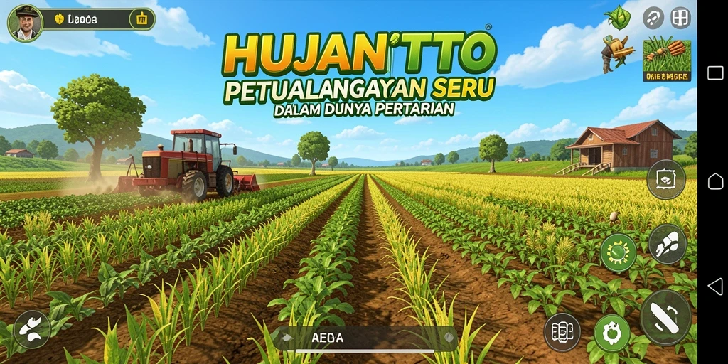 Screenshot utama HUJANTOTO menampilkan kebun yang rimbun dan interaksi hewan ternak.