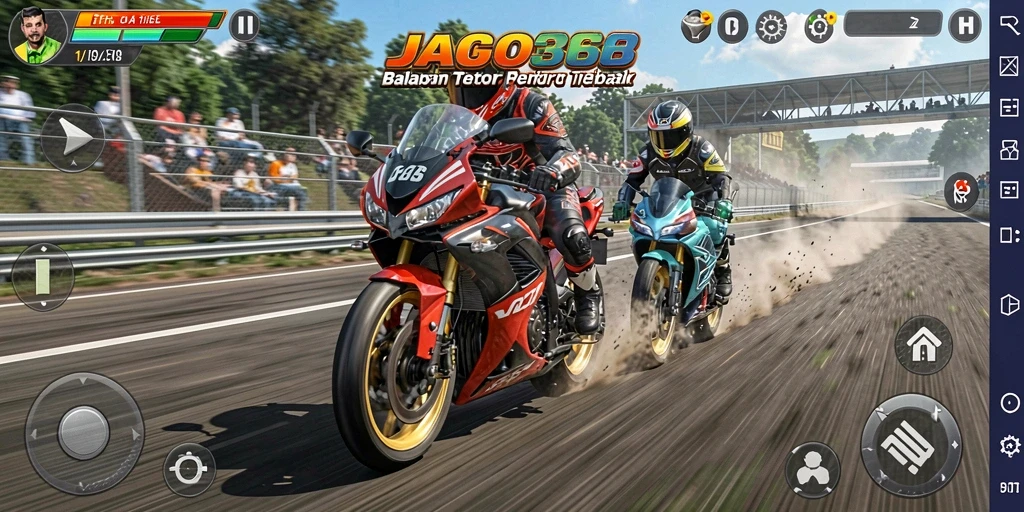 Screenshot gameplay JAGO368 menunjukkan aksi balapan motor yang seru.