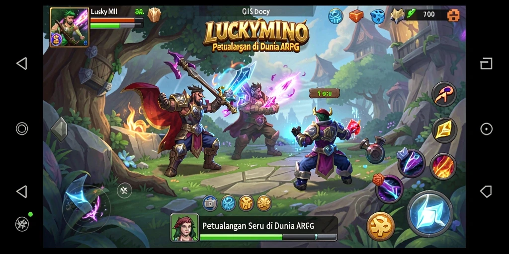 Tampilan gameplay mendebarkan di dunia <strong>LUCKYMINO</strong>, with epic battles.