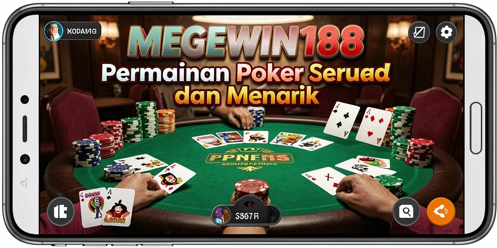 Tampilan screenshot utama MEGEWIN188 memperlihatkan gameplay Poker yang seru.
