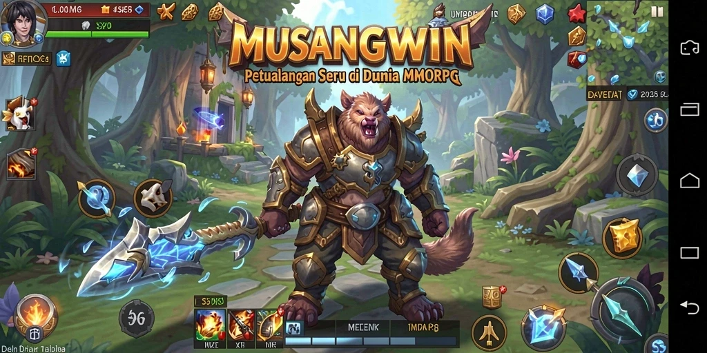 Screenshot gameplay dari MUSANGWIN yang menunjukkan petualangan di dunia MMORPG.