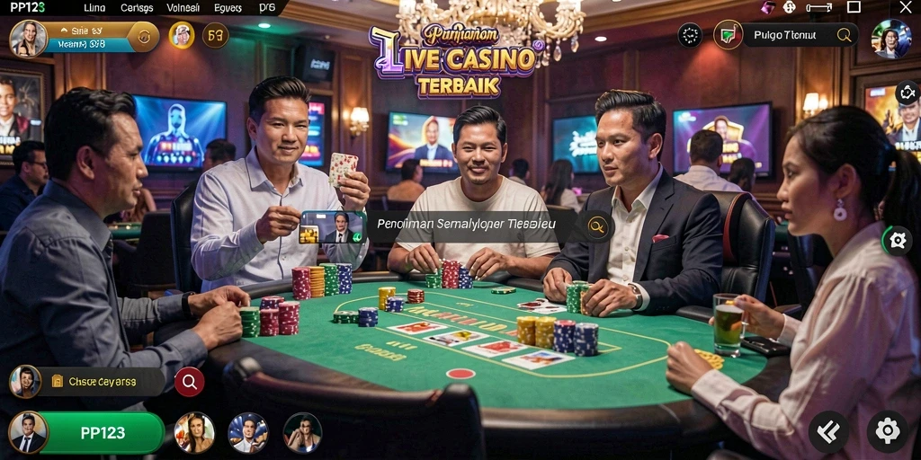 Screenshot gameplay PP123 menampilkan dealer dan meja permainan Live Casino.